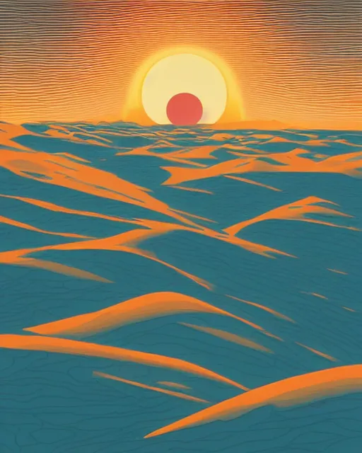 Prompt: sand dunes disappearing into the horizon in a vast desert at sunset on the planet arrakis, view from very far away, futurism, dan mumford, victo ngai, kilian eng, da vinci, josan gonzalez