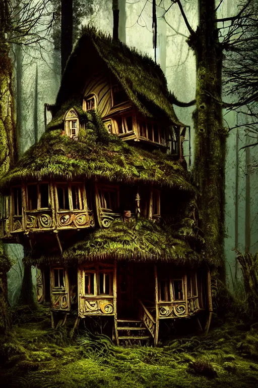 Prompt: a photograph of a ramshackle multistory fairytale hut in the forest, intricate, elegant, fantasy, highly detailed, overcast lighting, sharp focus