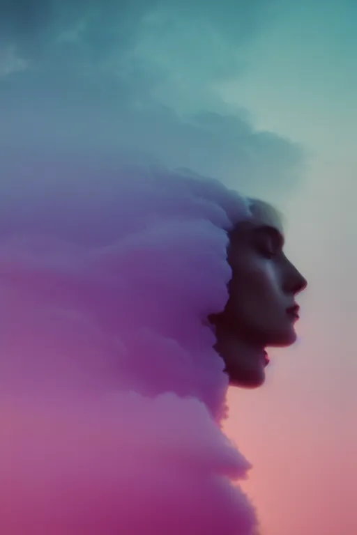 Image similar to high quality pastel coloured film close up wide angle photograph of a model wearing clothing resting on cloud furniture in a icelandic black rock!! environment in a partially haze filled dreamstate world. three point light, rainbow. photographic production. art directed. pastel colours. volumetric clouds. pastel gradient overlay. waves glitch artefacts. extreme facial clarity. 8 k. filmic.