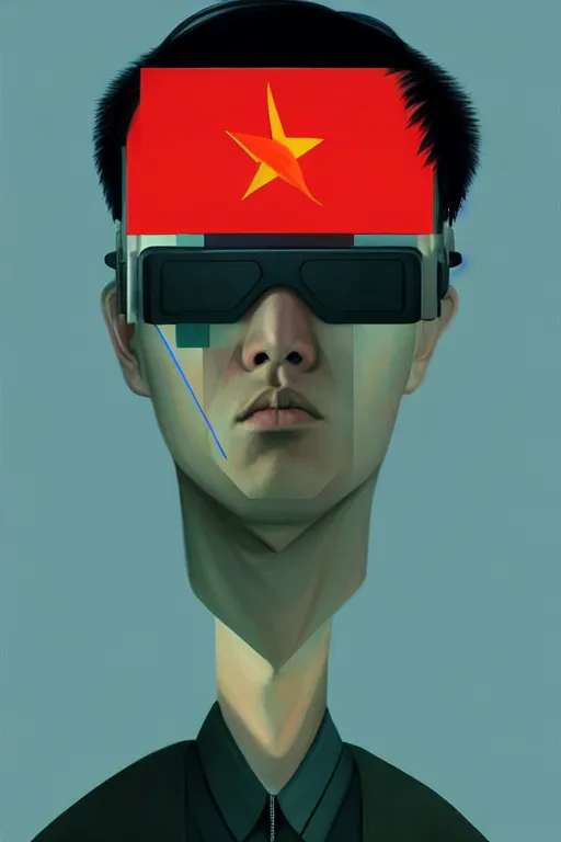 Prompt: north korean hacker wearing oculus and digital glitch head edward hopper and james gilleard zdzislaw beksisnski higly detailed