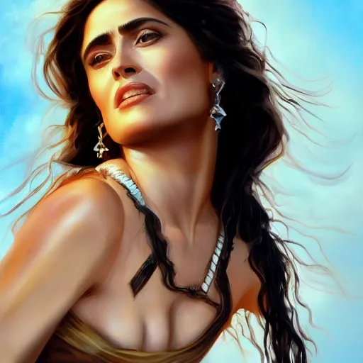 Image similar to a matte painting of salma hayek wild west woman, oil painting, pale colors, high detail, 8 k, wide angle, trending on artstation,