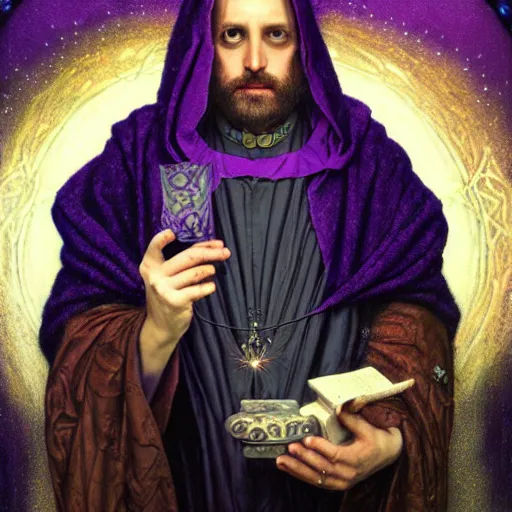 Prompt: middle aged man, in dark purple robes, occult , Tom bagshaw, sam spratt, Gustav Klimt, intricate, dark colors, 4k, art nouveau