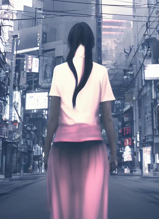 Image similar to portrait of demonic girl with no head, middle of the crowded tokyo street, photorealistic, canon r 3, symmetry, octane render, unreal engine, dramatic lights