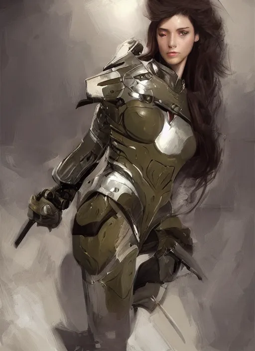 Image similar to a professional painting of a beautiful young female, clothed in military armor, olive skin, long dark hair, beautiful bone structure, symmetrical facial features, intricate, elegant, digital painting, concept art, smooth, sharp focus, illustration, from Metal Gear, by Ruan Jia and Mandy Jurgens and Artgerm and William-Adolphe Bouguerea