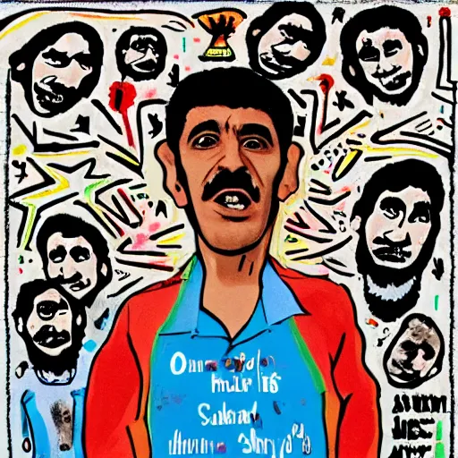 Image similar to omar souleyman (syrian) in the style of daniel johnston and outsider art, 4k, arabic text