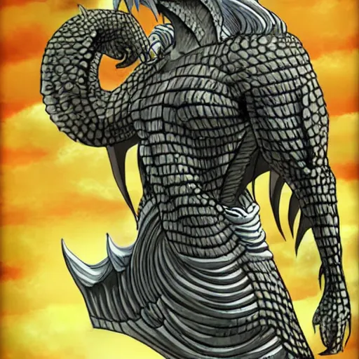 Image similar to a male anime character, naga, serpent body, kentaro miura art style
