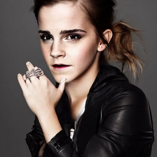 Image similar to A photo of tough looking emma watson. she has rings on his fingers. 50 mm. perfect ring.