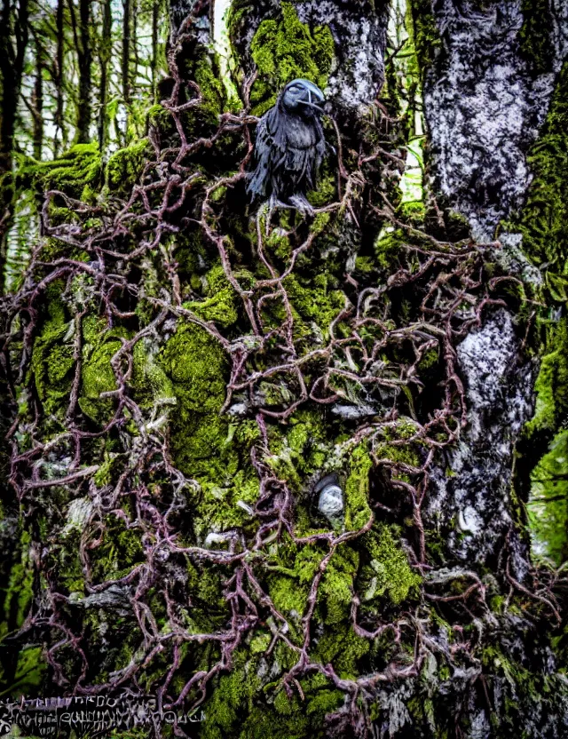 Prompt: raven god in the lichen woods. this installation by an indie artist has an interesting color scheme, plenty of details and impeccable lighting.