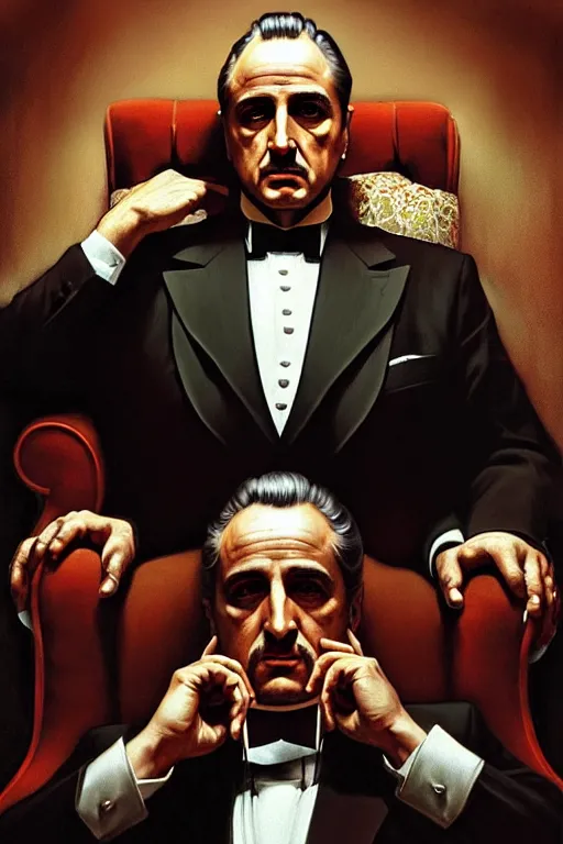 Image similar to clear portrait of the godfather from the movie, cottagecore!!, mafia background hyper detailed, character concept, full body, dynamic pose, intricate, criminal appearance, highly detailed, digital painting, artstation, concept art, smooth, sharp focus, illustration, art by artgerm and greg rutkowski and alphonse mucha