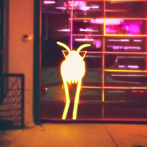 Image similar to stylish goat in a white jacket, retrowave, neon light,