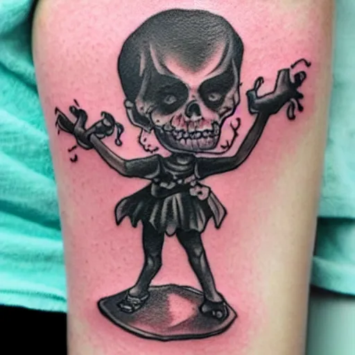 Image similar to tattoo of a creepy child, dark, scary, horror, high detail