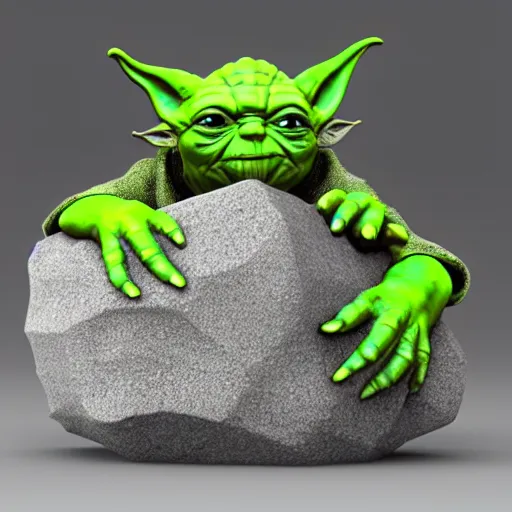 Image similar to 3 d render, yoda kissing the rock