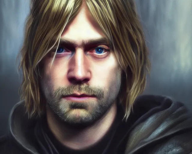 Prompt: a gaming screenshot still portrait of kurt cobain in death stranding, deep focus, d & d, fantasy, intricate, elegant, highly detailed, digital painting, artstation, concept art, matte, sharp focus, illustration, dark fantasy style art, hearthstone, art by artgerm and greg rutkowski and alphonse mucha