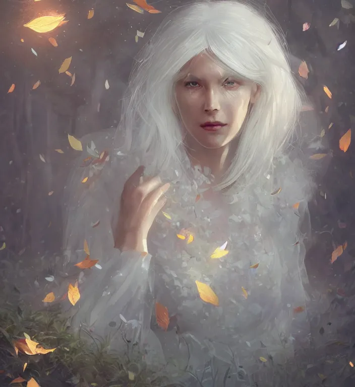 Image similar to portrait of a white haired woman wearing a crystal dress, autumn leaves falling, dramatic volumetric lighting, god rays, global illumination, soft, sharp focus, sci-fi, ivy, moss, trending on artstation, intricate concept art by Greg Rutkowski and WhimmY