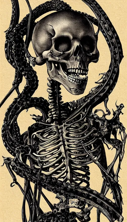 Image similar to full - body portrait of a creepy realistic human skeleton wearing many black snakes and other reptiles as clothing, traditional art, dark, surrealism, german romanticism style, ornate and elegant, hightly detailed