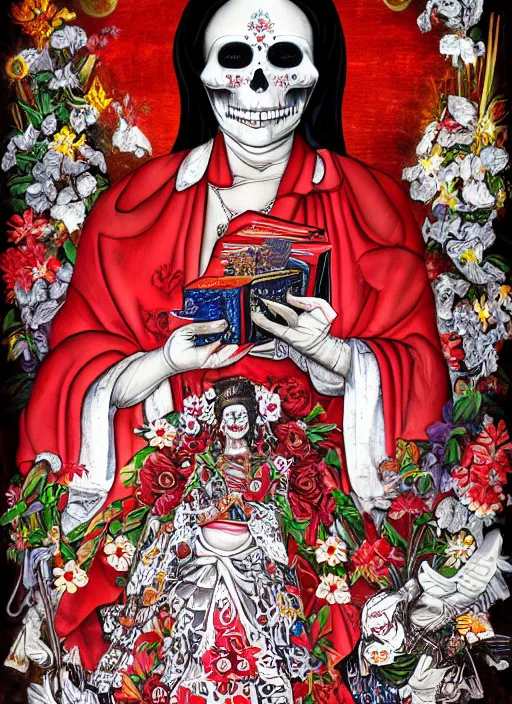 Image similar to masterpiece of Santa muerte with a book in her hand and surrounded by red and white flowers guns and ammunitions offered by devotees, no crop, digital visionary art, extremely high detail, post processed,