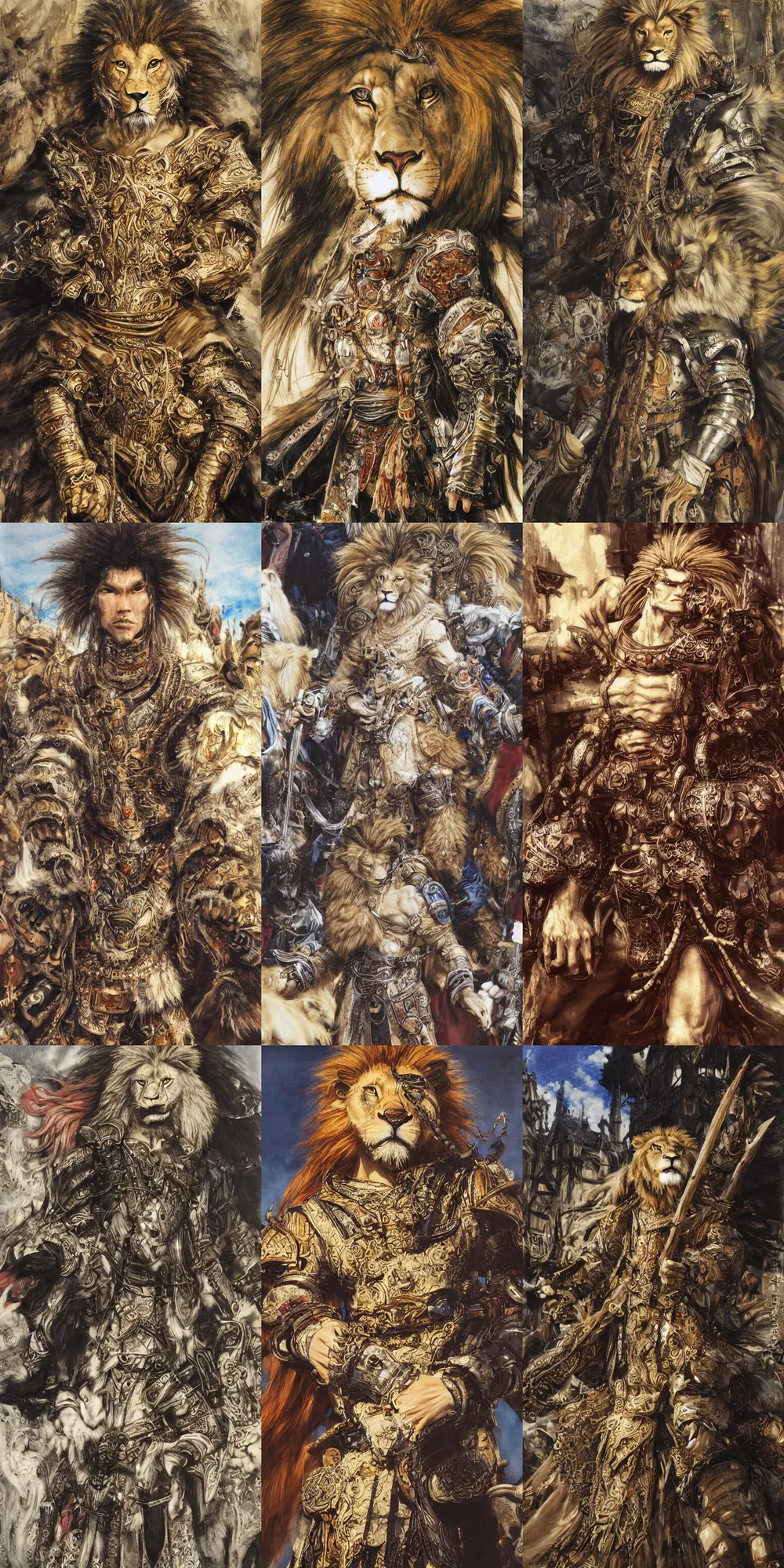 Image similar to 8 k yoshitaka amano painting of upper body of a young cool looking lion beastman with white mane at a medieval market at windy day. depth of field. he is wearing complex fantasy clothing. he has huge paws. renaissance style lighting.