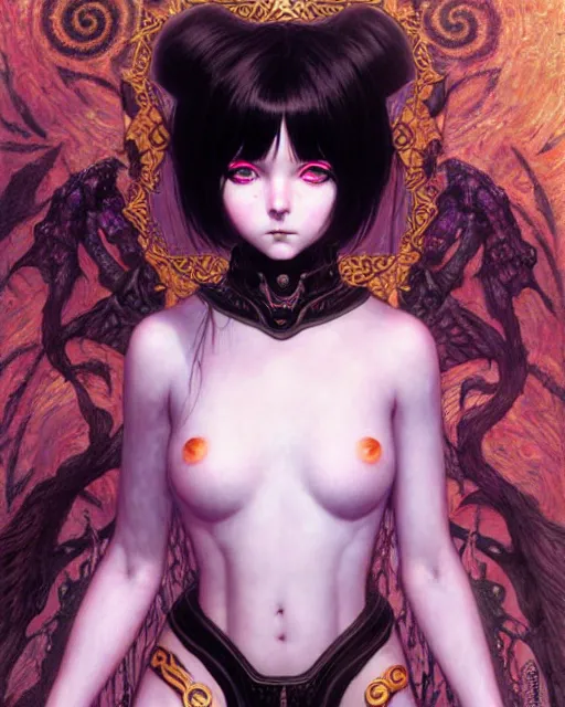 Image similar to portrait of beautiful cute young goth maiden girl with short white hairs in warhammer bikini armor, art by ( ( ( kuvshinov ilya ) ) ) and wayne barlowe and gustav klimt and artgerm and wlop