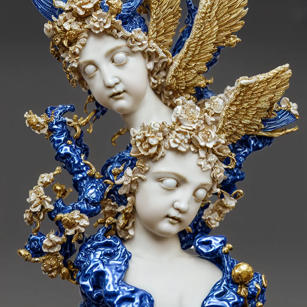 Prompt: a closeup photo - real delicate ceramic porcelain sculpture of an ornate detailed of an angel in front of an intricate background by rafael, micro detail, backlit lighting, subsurface scattering, translucent, thin porcelain, octane renderer, black and blue and gold jewelry, physically based rendering, trending on cgsociety