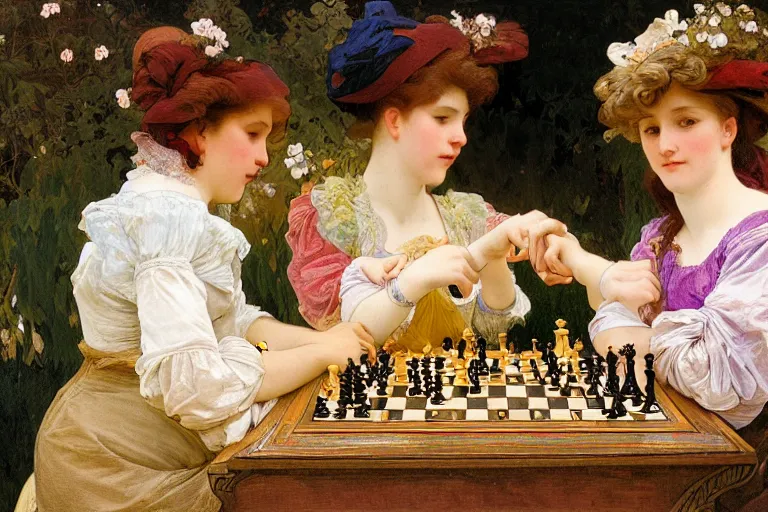 Prompt: two young women playing chess by alphonse mucha Jean-Honoré Fragonard. highly detailed. 8k. depth of field. photography