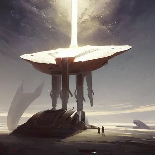 Prompt: concept art of a large space vessel in the shape of an spear by greg rutkowski