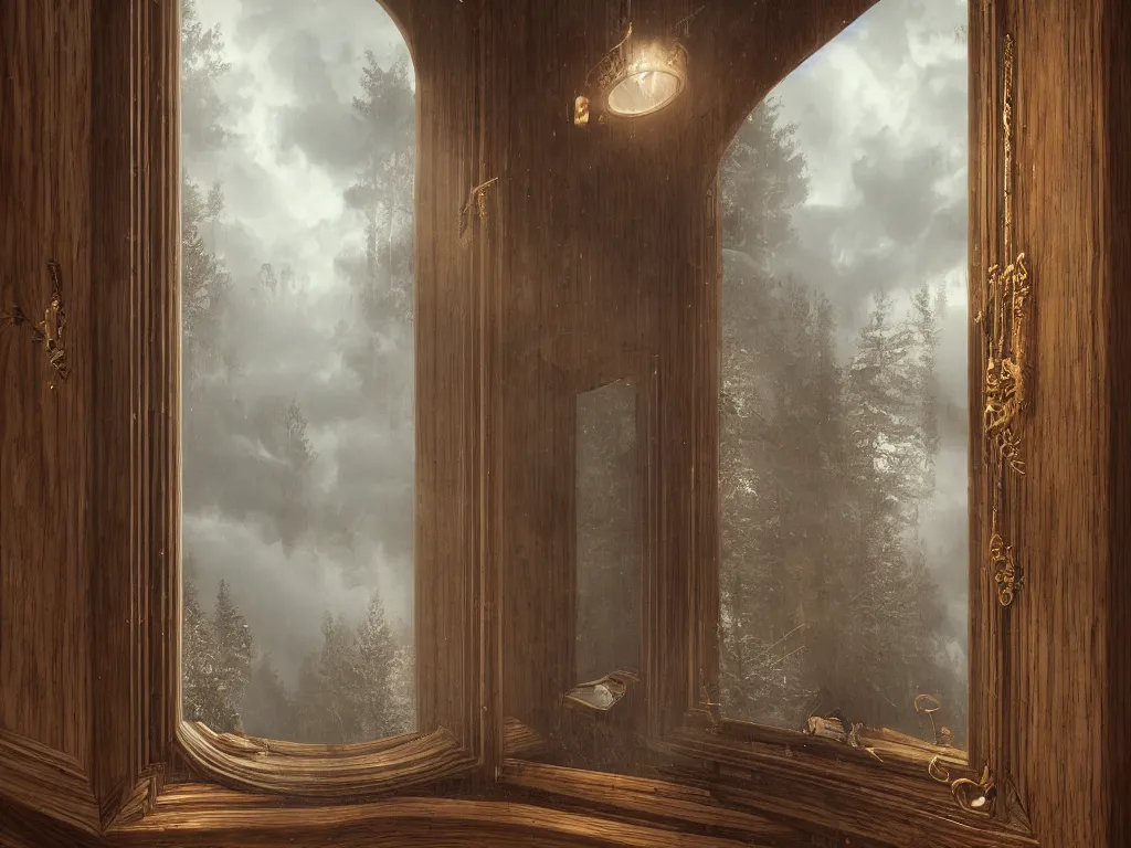 Image similar to richly decorated Victorian modular synthesizer, modern, beautiful, detailed wood, photorealistic, photorealism, lightning, clouds, the winter light comes in through a porthole, volumetric fog