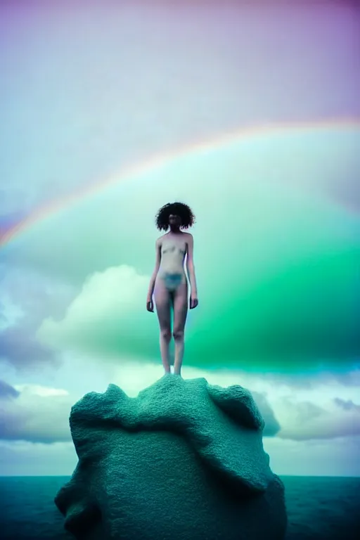 Image similar to high quality pastel coloured film close up wide angle photograph of a model wearing clothing swimming on cloud furniture in a icelandic black rock!! environment in a partially haze filled dreamstate world. three point light, rainbow. photographic production. art directed. pastel colours. volumetric clouds. pastel gradient overlay. waves glitch artefacts. extreme facial clarity. 8 k. filmic.