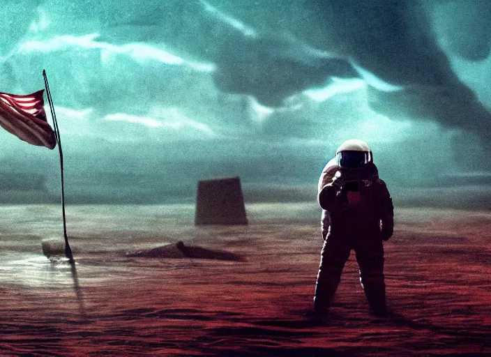 Image similar to astronaut holding a flag in an underwater desert. a submarine is visible in the distance. dark, concept art, cinematic, dramatic, atmospheric, 8 k, trending on artstation, blue, fish, low visibility, fog, ocean floor, christopher nolan, interstellar