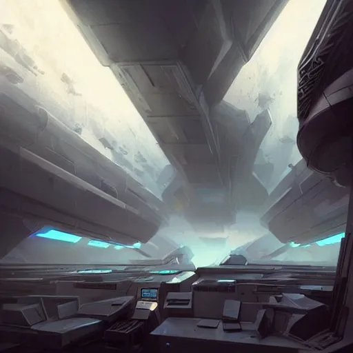 Image similar to scifi art by Greg Rutkowski, the ship's command bridge, full of screens and holographic maps with a large window looking into space, functional and elegant look, but minimalist, and a bit dark and lonely, claustrophobic and futuristic environment, detailed and intricate environment, high technology, digital painting, artstation, concept art, smooth, sharp foccus ilustration, Artstation HQ.