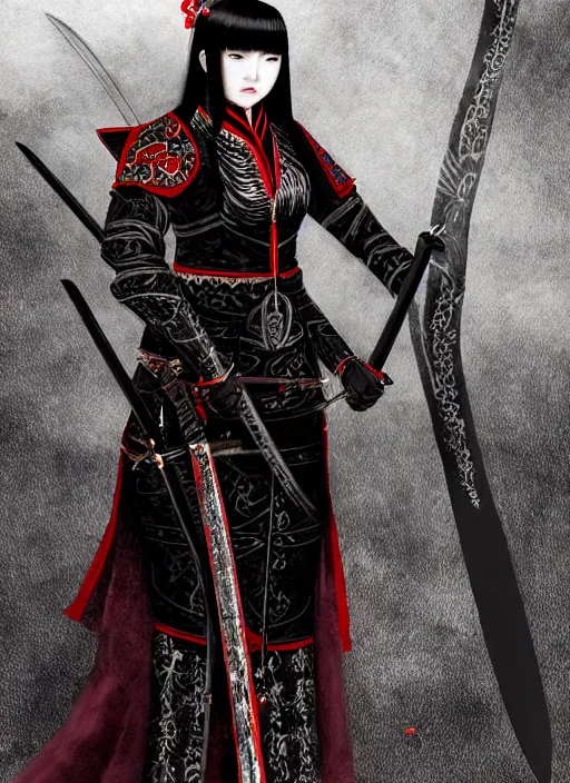 Image similar to female vampire jinyiwei wearing black heavy armor and wielding a nodachi, jinyiwei, embroidered uniform guard, chinese armor, historical armor, nodachi, japanese great sword, ming dynasty, chinese fantasy, detailed, realistic, anatomically accurate, in the style of ghostblade, wlop.