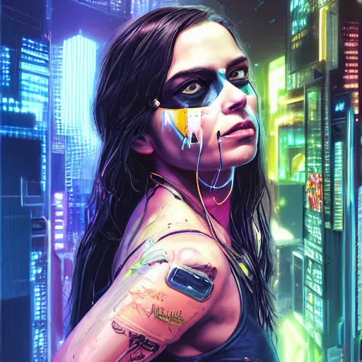 Prompt: a portrait of a neon cyberpunk young girl by sandra chevrier, detailed render, epic composition, cybernetics, 4 k realistic, cryengine, realistic shaded lighting, sharp focus, masterpiece, by matteo scalera, gary montalbano, peter elson in the style of the tokyo ghost comic