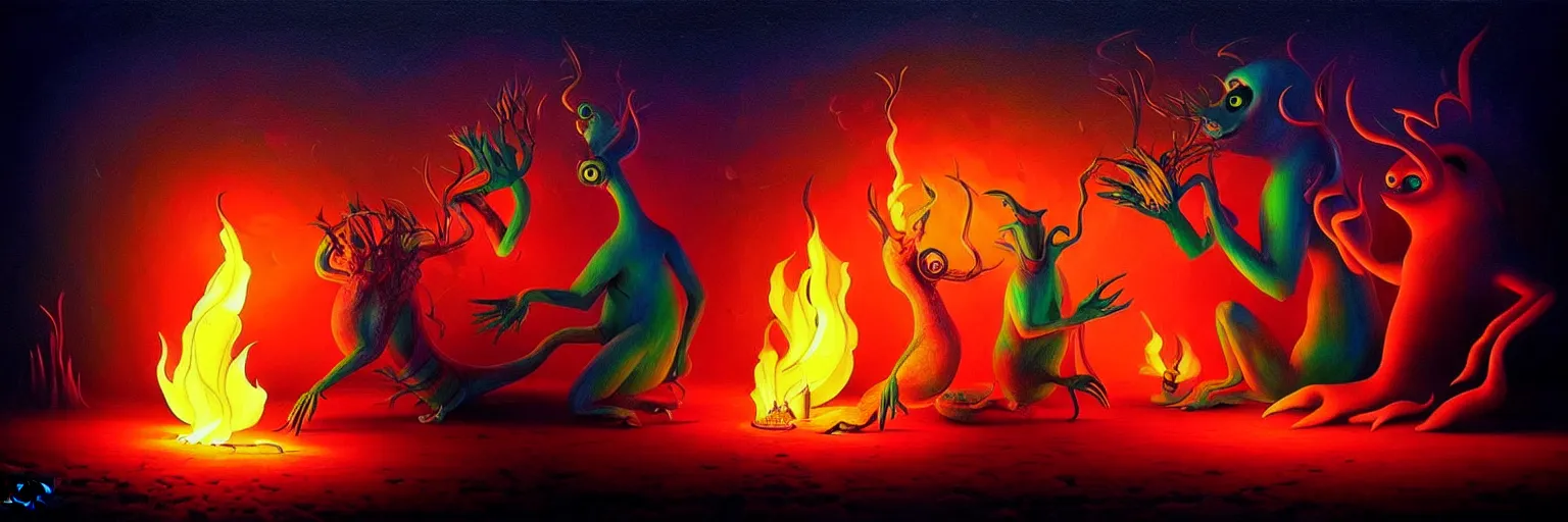 Image similar to whimsical creature freaks from the depths of the collective unconsciouis, dramatic lighting from fire glow, surreal darkly colorful painting by ronny khalil