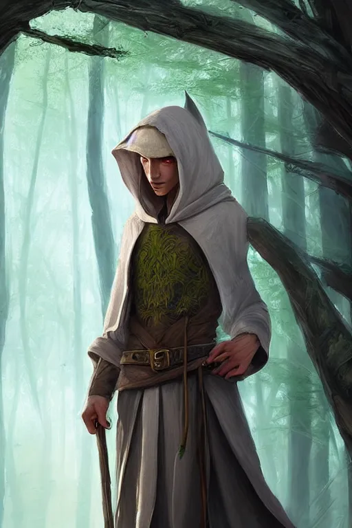 Image similar to beautiful, digital art, portrait painting of a male elf wizard, wearing linen hooded cloth. forest background. artstation, by bartek fedyczak, erak note, tooth wu, neil richards, kan liu, siwoo kim, jisu choe