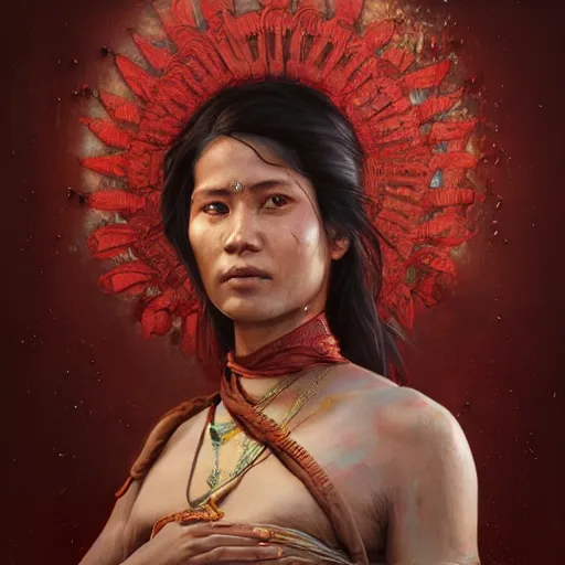 Prompt: portrait painting of a bloodied nepali female butcher wearing low cut sari, ultra realistic, concept art, intricate details, eerie, highly detailed, photorealistic, octane render, 8 k, unreal engine. art by artgerm and greg rutkowski and alphonse mucha