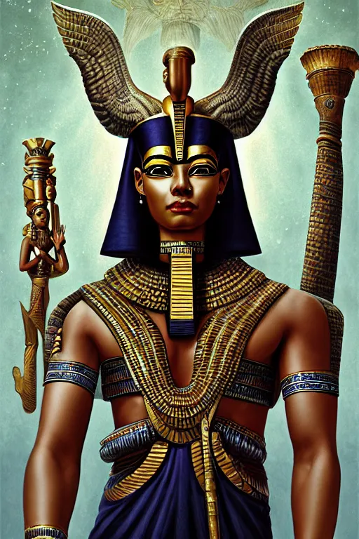 Image similar to egypt god osiris, god of the underworld, highly detailed, d & d, fantasy, highly detailed, digital painting, trending on artstation, concept art, sharp focus, illustration, global illumination, ray tracing, realistic shaded, art by artgerm and greg rutkowski and fuji choko and viktoria gavrilenko and hoang lap, sunny