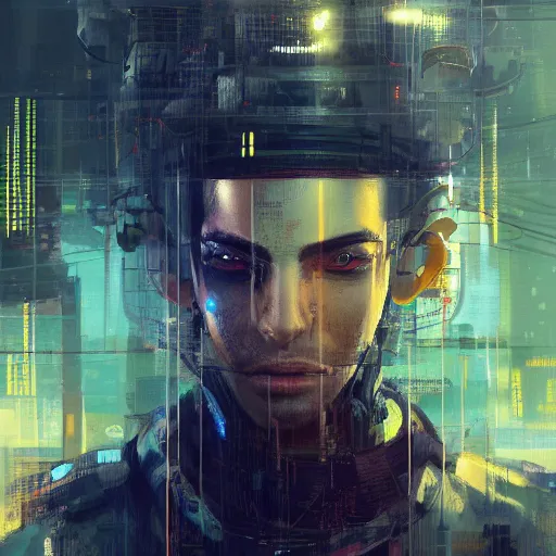 Image similar to highly detailed portrait of a cyberpunk hacker in a futuristic buddhist temple by wadim kashin, dark colors, high contrast