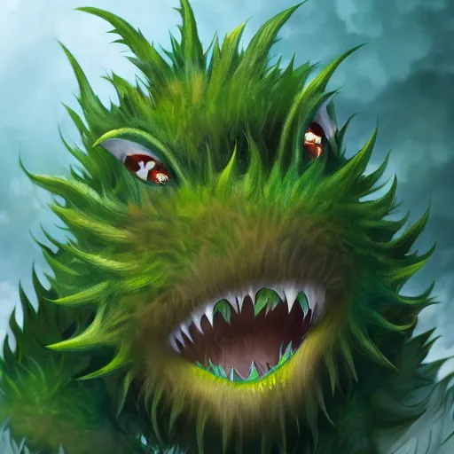 Image similar to Plant monster with toothed jaws and amber teeth, green thistle fur, anime visual, trending on art station