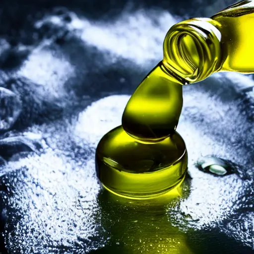 Prompt: photograph of olive oil and water, abstract, hyperrealistic