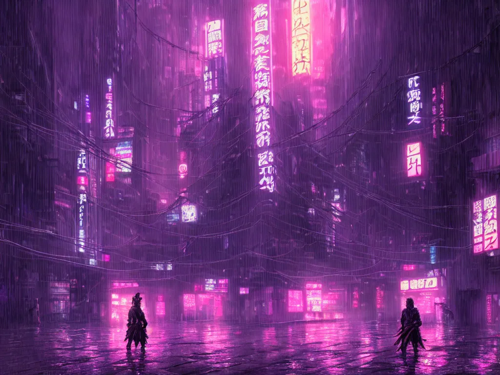 Prompt: high detailed lone dead samurai in a cyberpunk rainy city at night by Kentaro Miura, purple and pink and blue neons, unreal engine, high quality, 4K, UHD, trending on ArtStation, wires, blade runner vibes, ghost in the shell, akira, dorohedoro