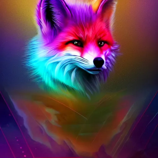 Prompt: digital fox, ultimate retrowave palette, digital world, highly detailed, electric breeze, anatomically correct vulpine, synth feel, fluffy face, ear floof, flowing fur, super realism, accurate animal imagery, 4 k digital art