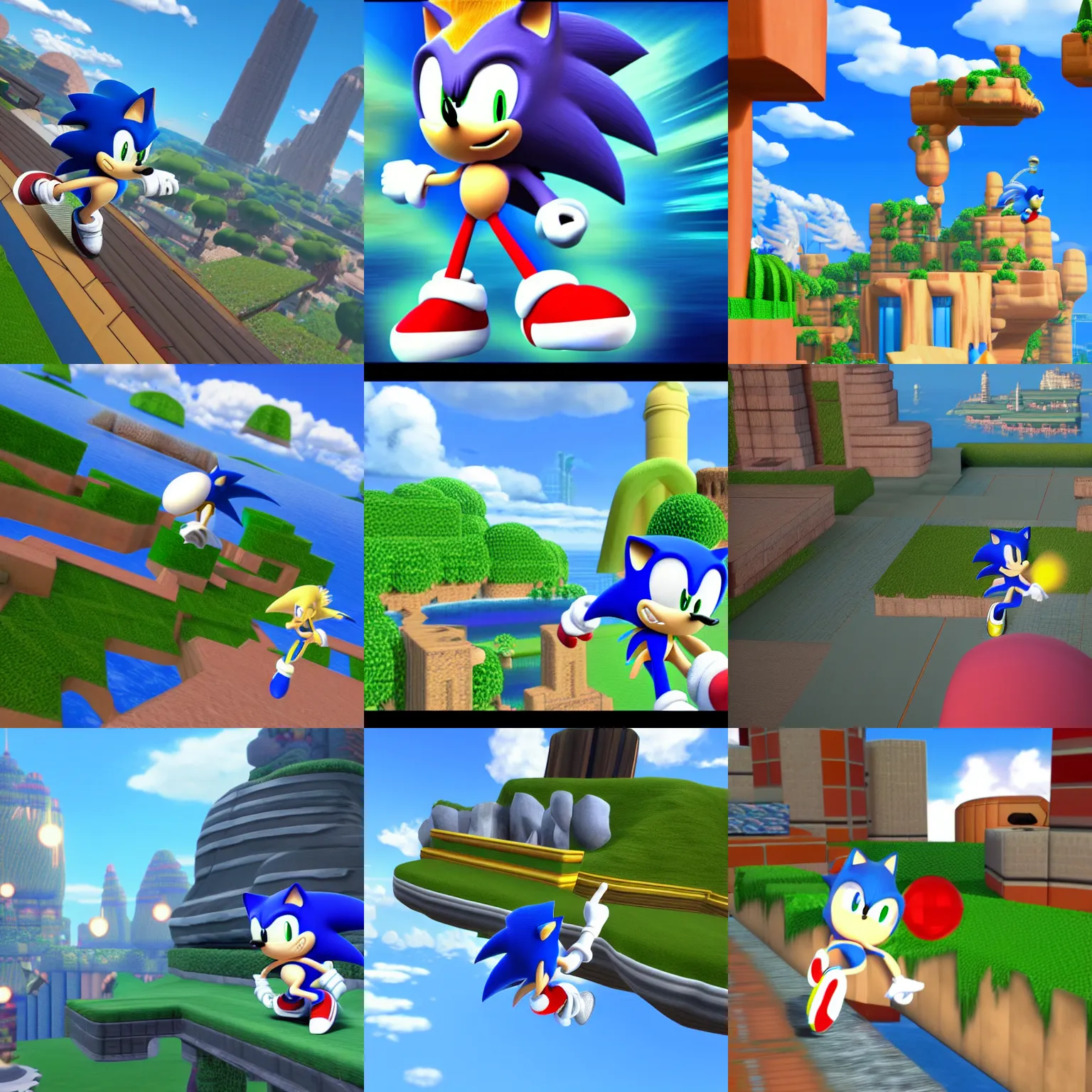 Prompt: sonic the hedgehog pointing up in the sky, computer graphics by miyamoto, featured on deviantart, sots art, rendered in maya, xbox 3 6 0 graphics, 2 d game art