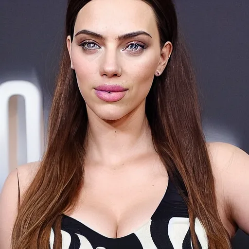 Image similar to a woman who is a genetic combination of kim kardashian and kat dennings and scarlett johansson and margot robbie and emma watson, face and upper - body focus, detailed eyes