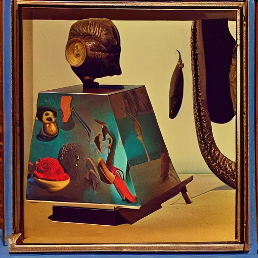 Image similar to A three color offset photography of single surrealist object on display, anthropology of wonder, ((surrealism)), exotic artifacts, colonial expedition, exhibition, 60s style