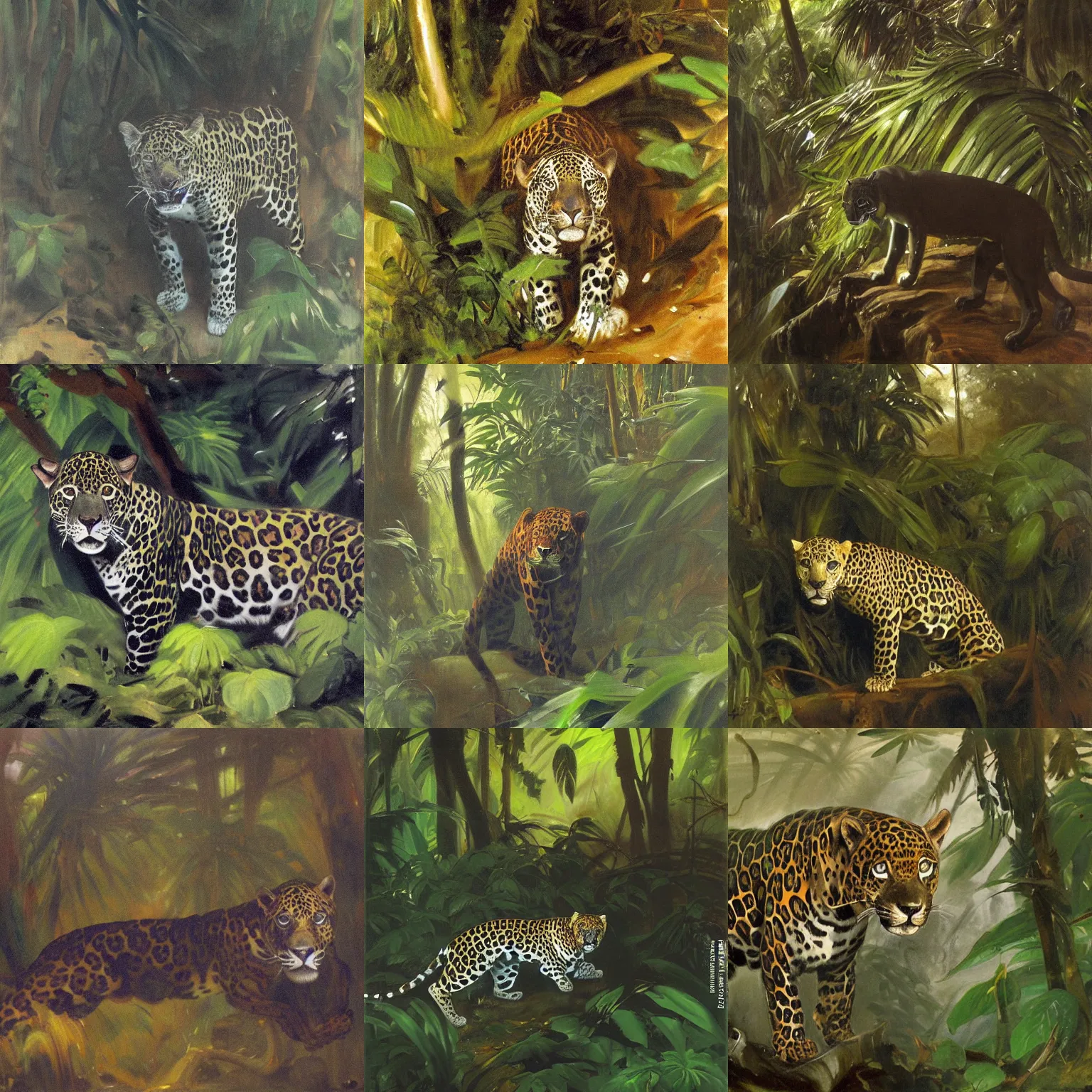 Prompt: intense jaguar in a dark misty jungle, by John Singer Sargent