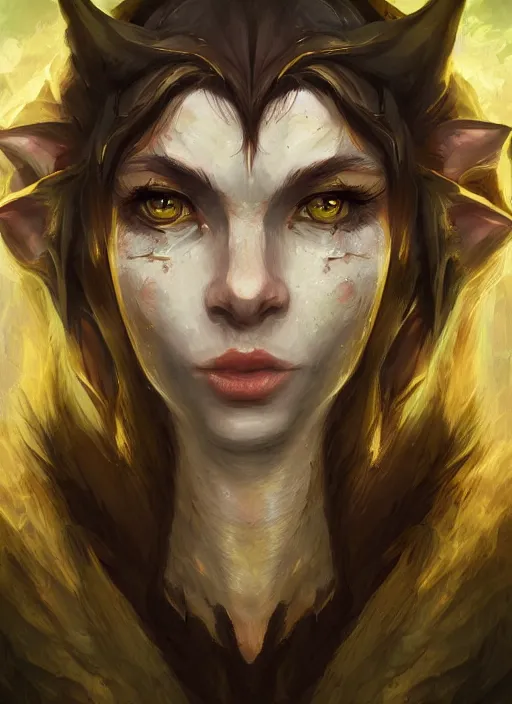 Image similar to face portrait of an elf druid with yellow eyes, perfect face details, symmetry, digital painting, trending on artstation and deviantart, epic composition, dynamic, highly detailed, ross draws, wlop, 8 k