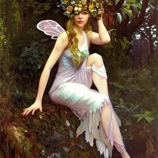 Prompt: a 1 9 8 0 s forest fairy. a fairy from the 1 9 8 0 s. she is cute and wears a backwards baseball cap. stunning painting by artgerm and greg rutkowski and alphonse mucha.
