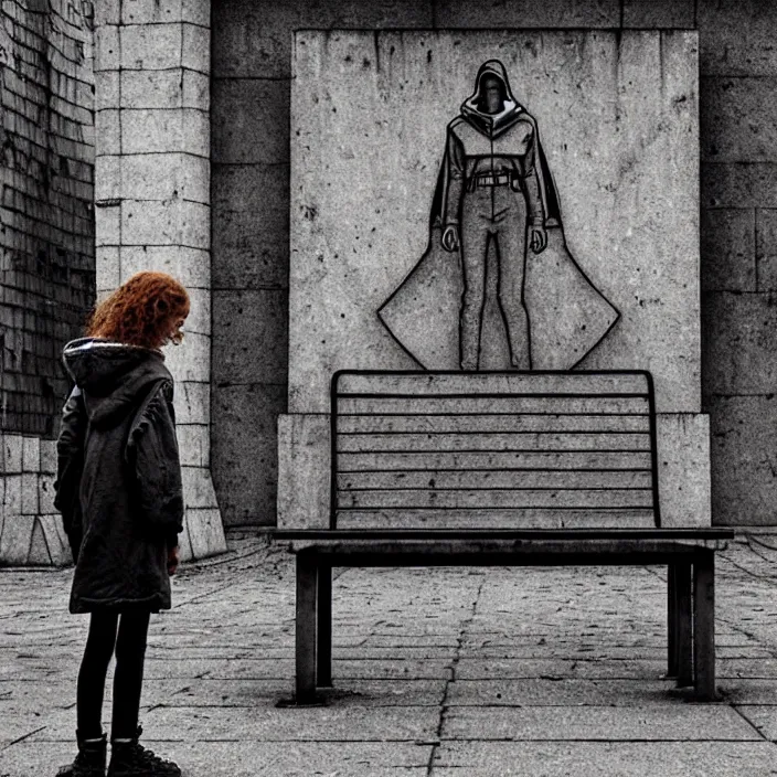 Image similar to sadie sink in hoodie sits on bench in ruined square, pedestrians walk by, soviet monument and propaganda posters. storyboard, scifi cyberpunk. by gabriel hardman. cinematic atmosphere, detailed and intricate, perfect anatomy