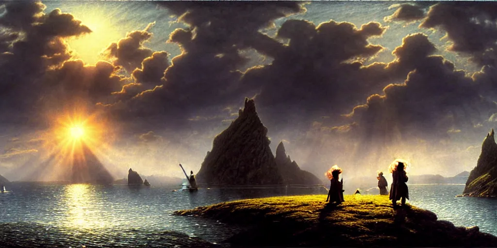 Prompt: three hobbits out at a lord of the rings scenery landscape, staring across the sea at a white timber sail boat leaving harbour, evening, god's rays highly detailed, vivid colour, soft clouds, full moon, cinematic lighting, perfect composition, gustave dore, derek zabrocki, greg rutkowski, belsinski