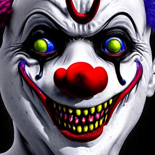 Prompt: close - up of a creepy clown, concept art, digital art, highly detailed