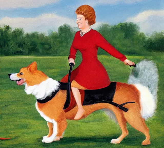 Prompt: oil painting of queen elizabeth riding a corgi like a horse across the lawn of buckingham palace